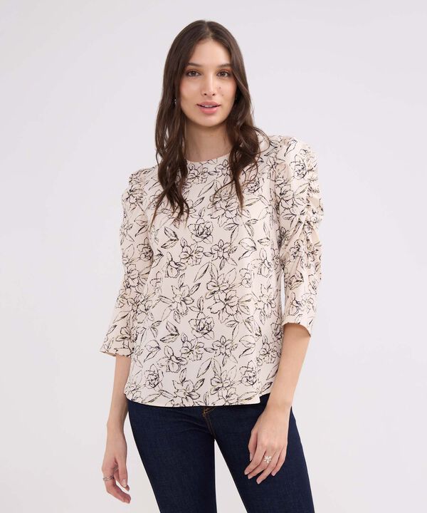 Blusa Estampada Escote Redondo, Manga 3/4 Con Recogido