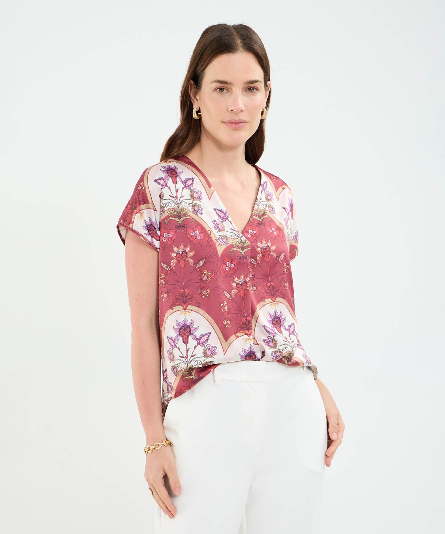 Blusa manga corta con escote en v y prense para mujer