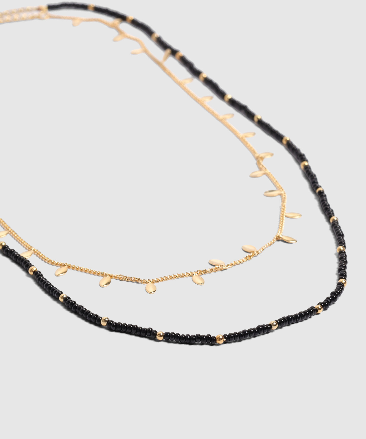 Collar Doble De Cuentas Y Dijes De Hoja Mujer