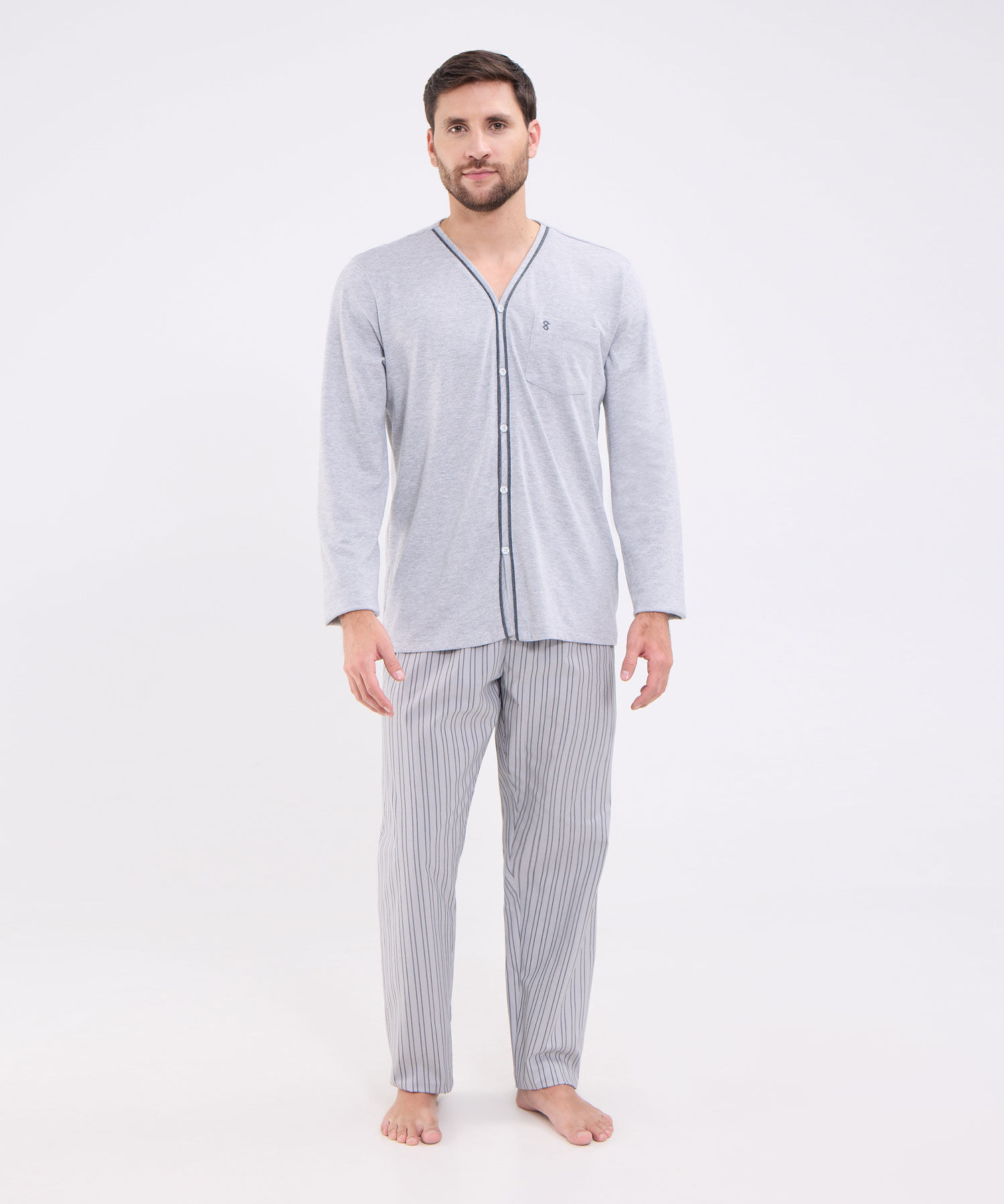 Conjunto de Pijama camisa manga larga abierta con pantalon preteñido para hombre