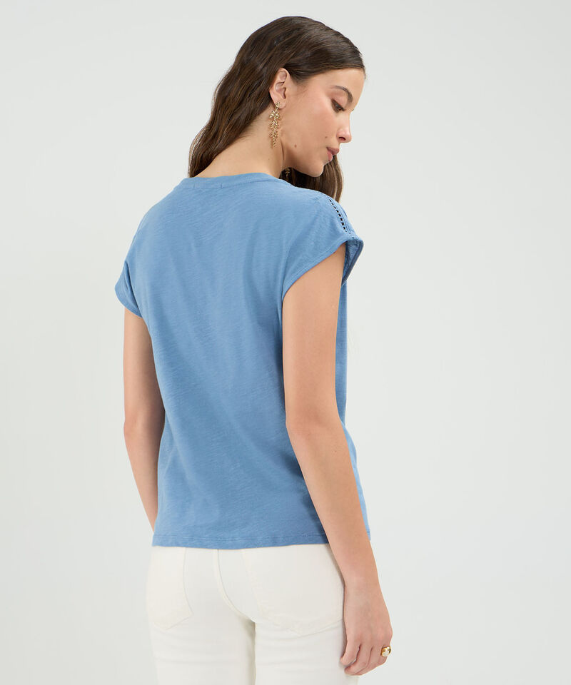 Camiseta Manga Corta, Cuello V Con Encaje En Hombro Para Mujer