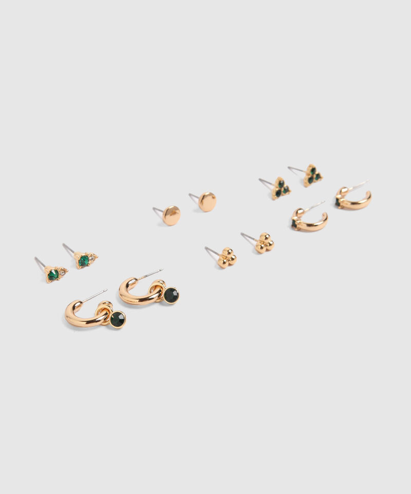 Set X6 Aretes Dorados Con Piedras Verdes 