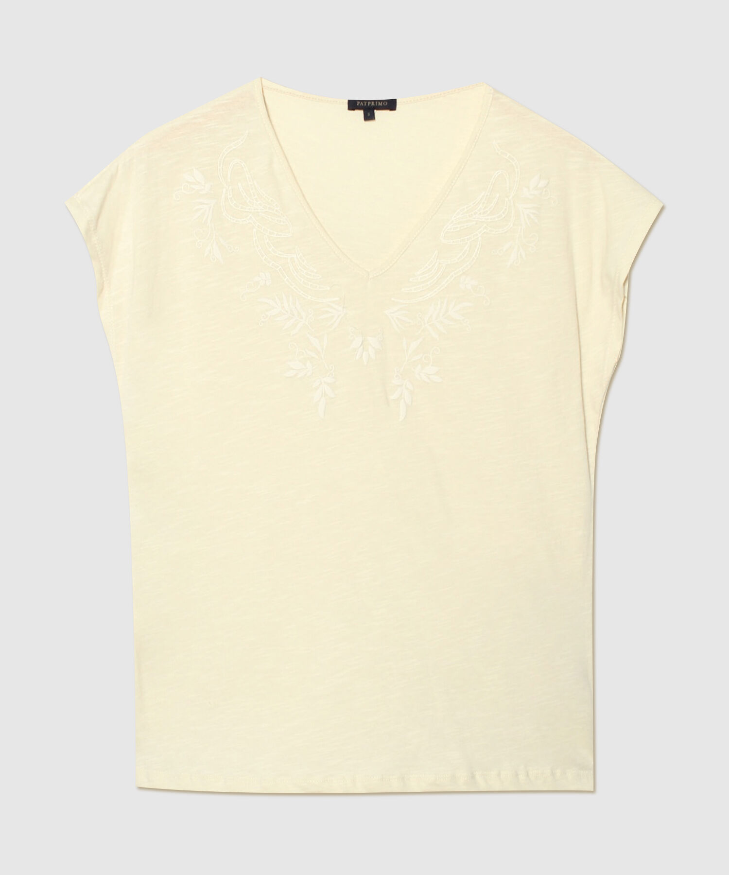 Camiseta Manga Corta Cuello V, Unicolor Con Bordado Y Screen, Silueta A Fluida