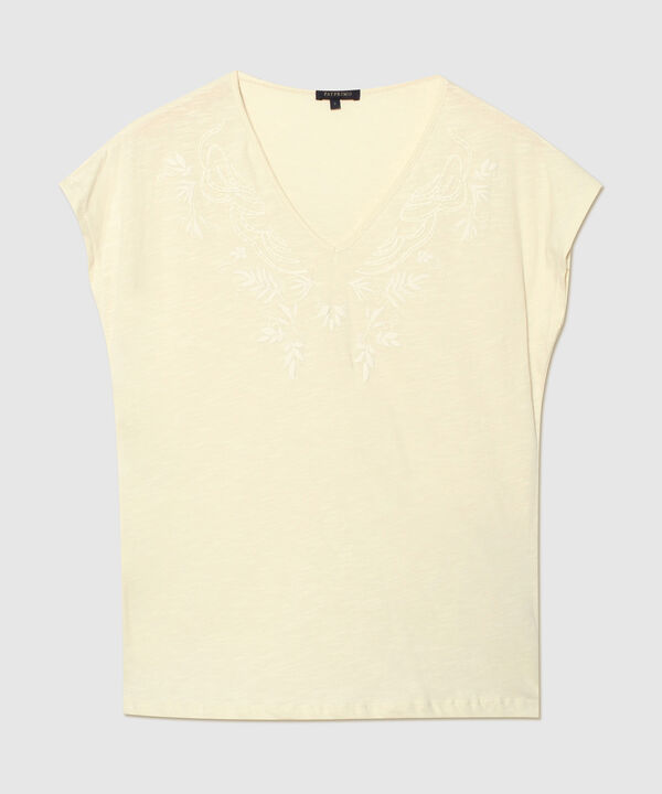 Camiseta Manga Corta Cuello V, Unicolor Con Bordado Y Screen, Silueta A Fluida