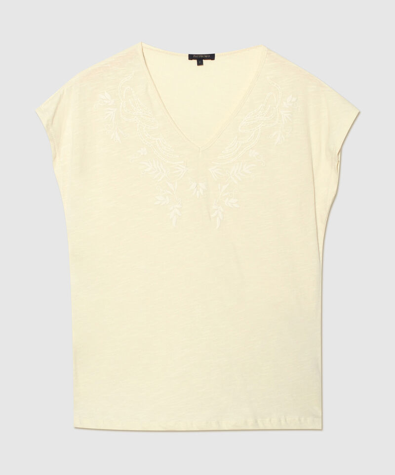 Camiseta Manga Corta Cuello V, Unicolor Con Bordado Y Screen, Silueta A Fluida