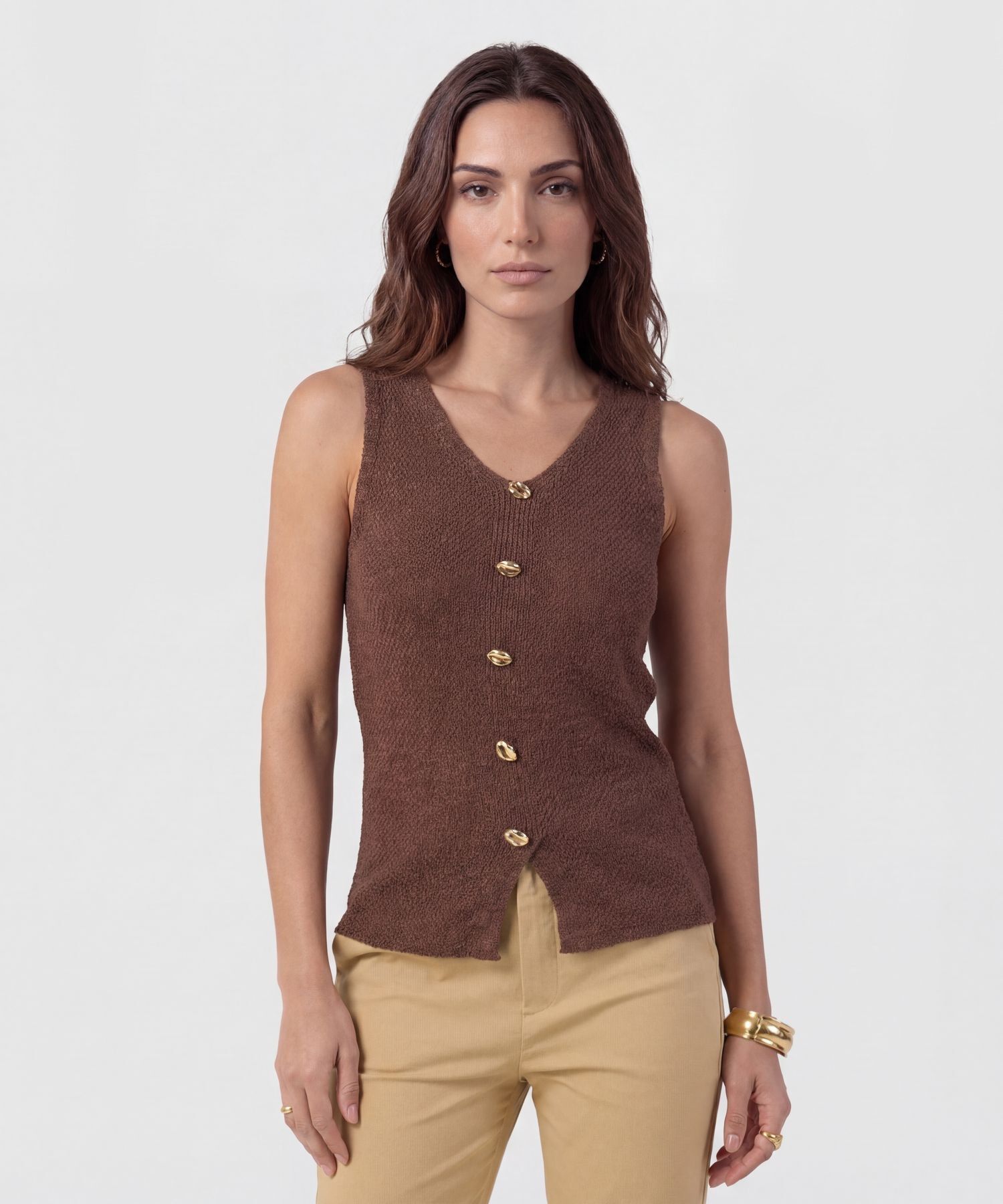 Chaleco De Tejido Con Botones Dorados Mujer