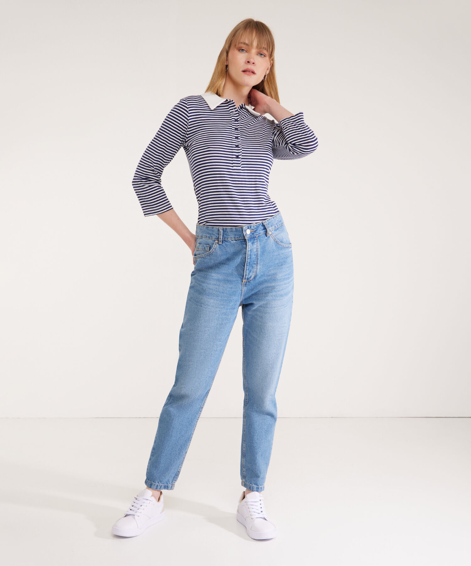Polo Preteñida A Rayas, Manga 3/4 Con Cuello Duro Y Pechera Unicolor