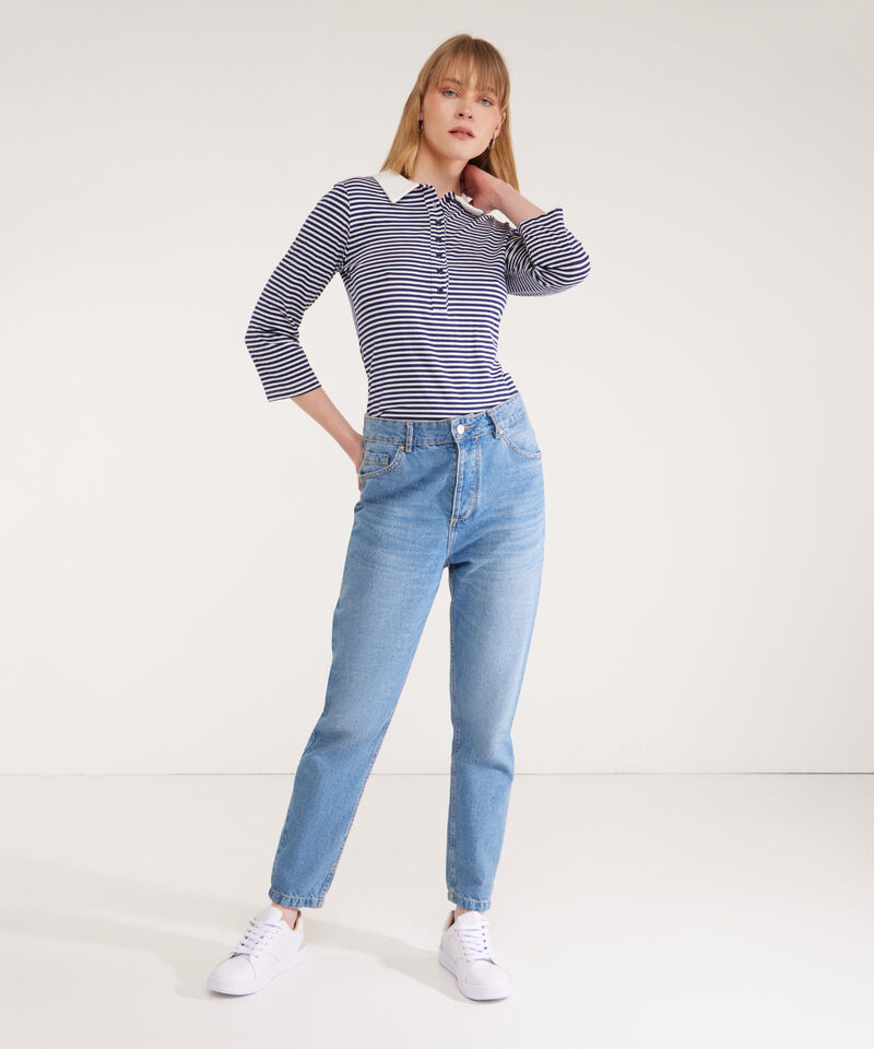 Polo Preteñida A Rayas, Manga 3/4 Con Cuello Duro Y Pechera Unicolor