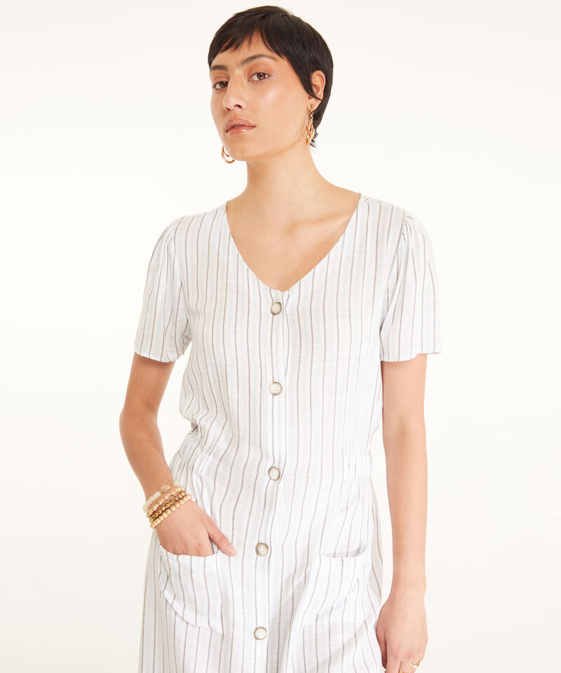 Vestido Preteñido, Cuello V, Manga Corta Con Bolsillos De Parche, Botonadura Y Elástico En Cintura, Mimosa Línea Moda