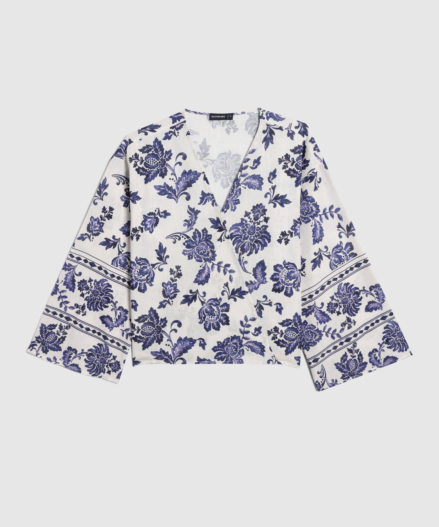 Blusa Cruzada Estampada, Escote En V Con Mangas Amplias