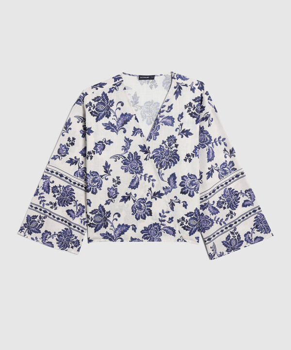 Blusa Cruzada Estampada, Escote En V Con Mangas Amplias