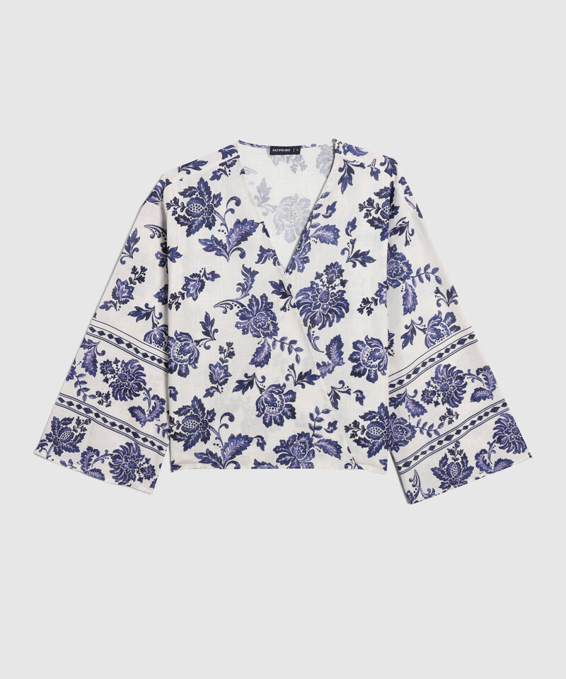Blusa Cruzada Estampada, Escote En V Con Mangas Amplias