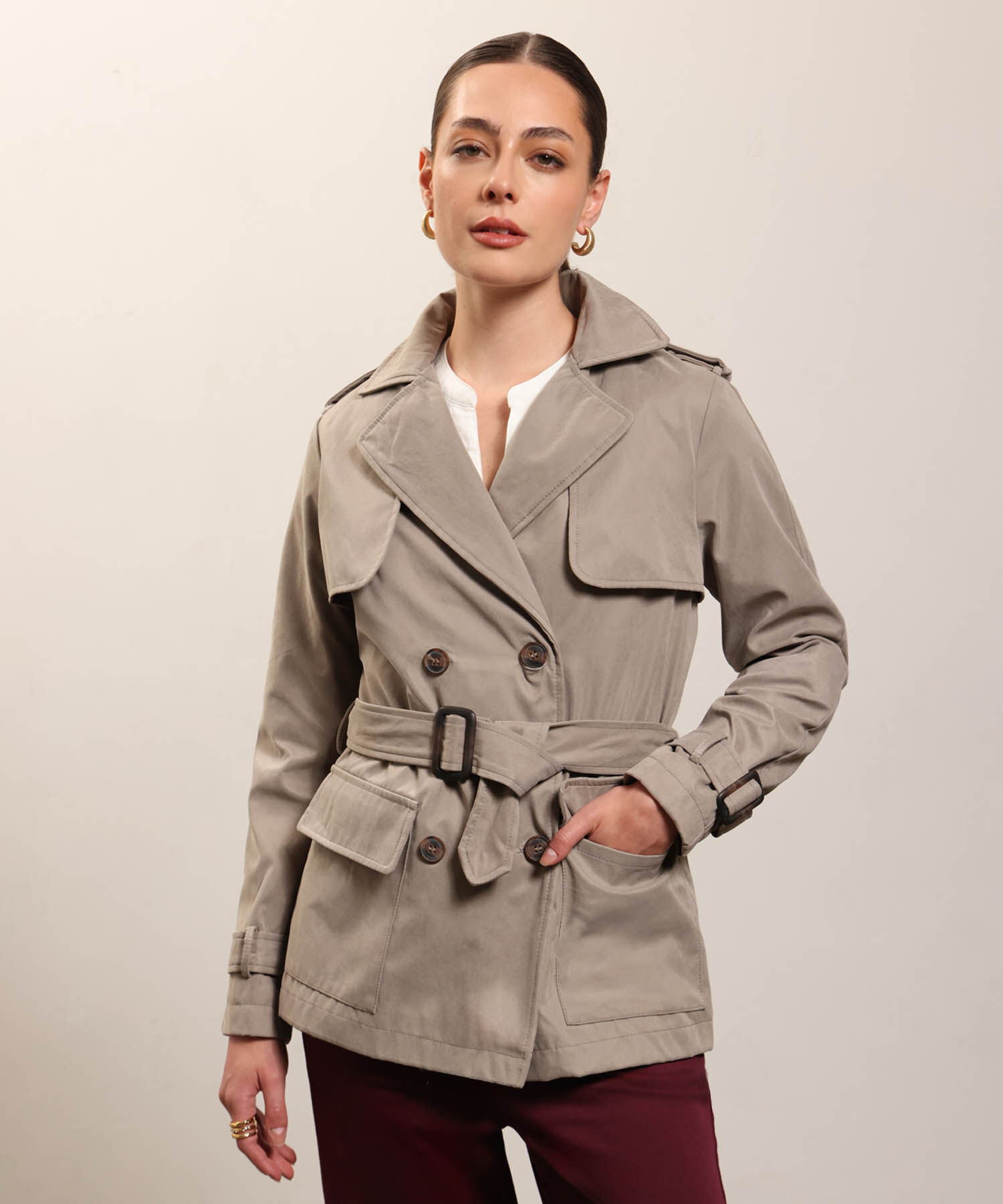 Chaqueta Trench Unicolor Con Cinturon 