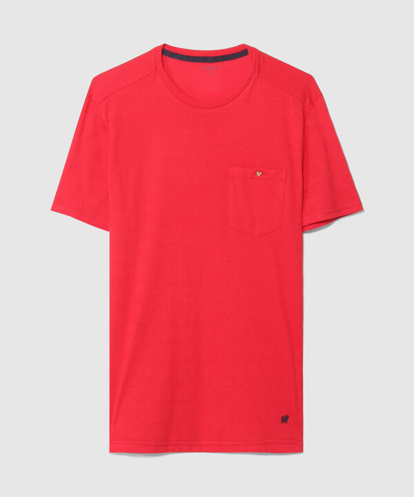 Camiseta Unicolor, Cuello Redondo Con Bolsillo De Parche