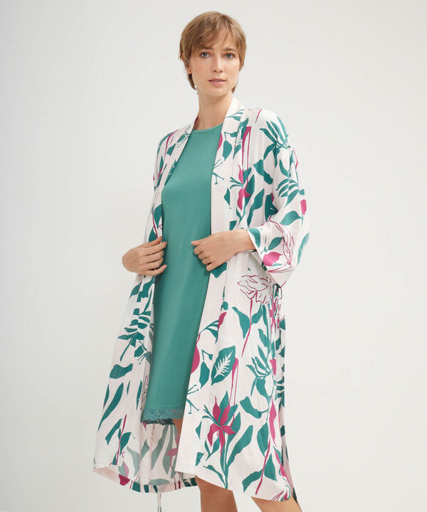 Pijama Set Bata Unicolor, Levantadora Estampada Y Bolsa Regalables