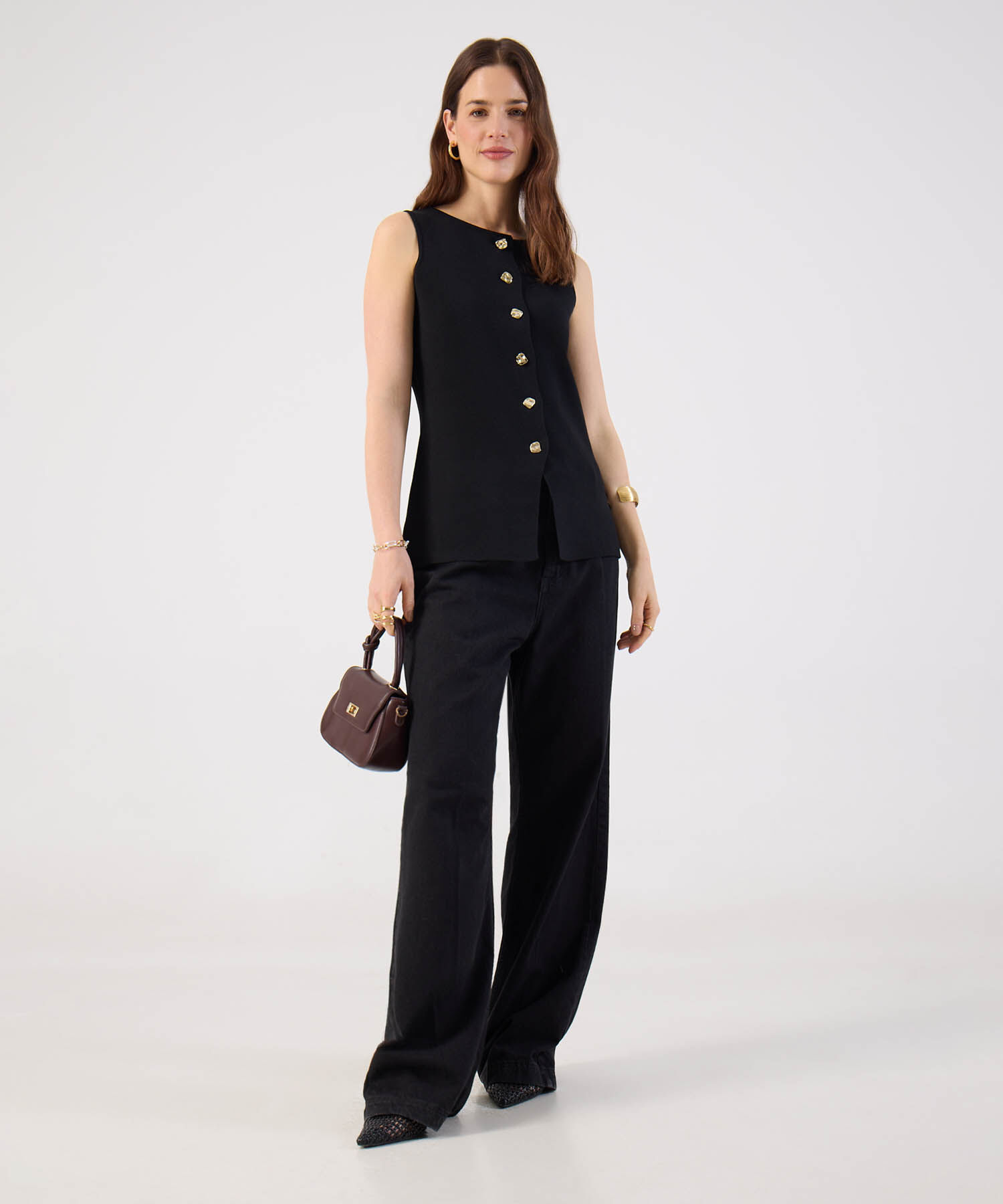 Chaleco Mujer Tejido Sin Mangas Botones Dorados