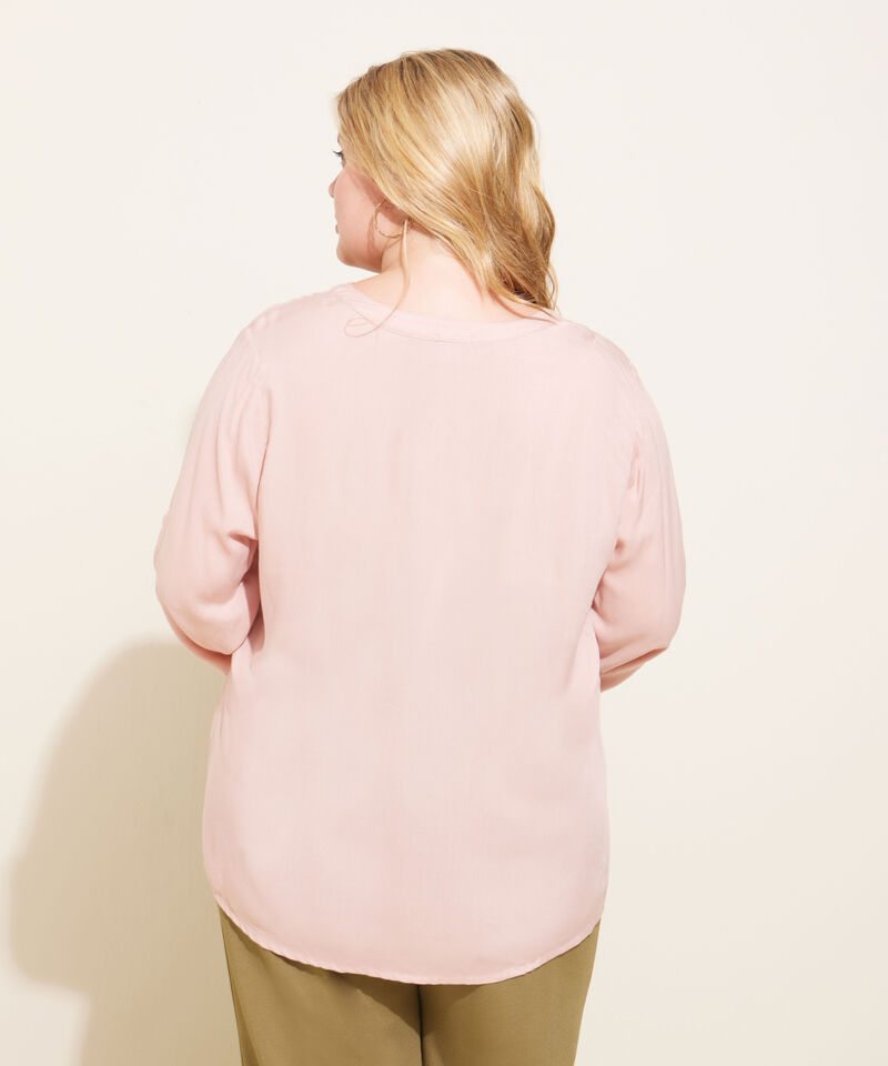 Blusa Unicolor Manga 3/4, Cuello En V Con Pechera Corta Y Cuello Neru
