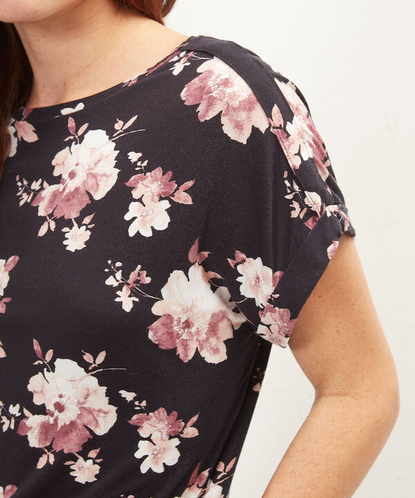 Camiseta Estampada Manga Corta Con Guardapolvo, Cuello Redondo Y Bies Sobrepuesto En Hombros, Trópico Floral