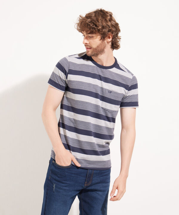 Camiseta Manga Corta Cuello Redondo Con Bolsillo, Preteñida A Rayas