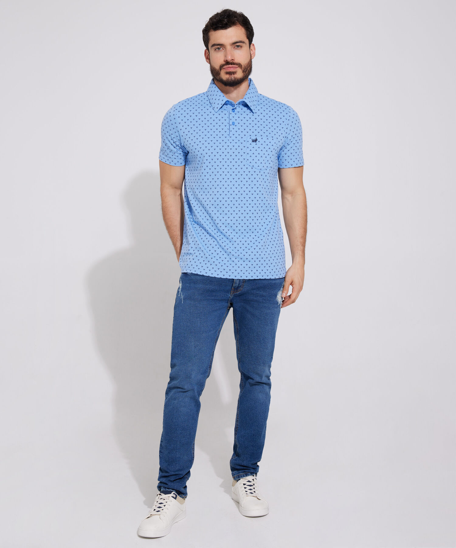 Polo Estampada, Cuello Maquina Duro Con Bolsillo, Silueta Regular Fit Blanco