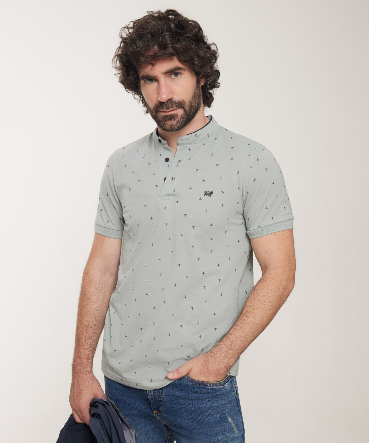 Polo Estampada Cuello Mao Con Puños Tejidos, Silueta Slim Fit, Cítrico Marinero