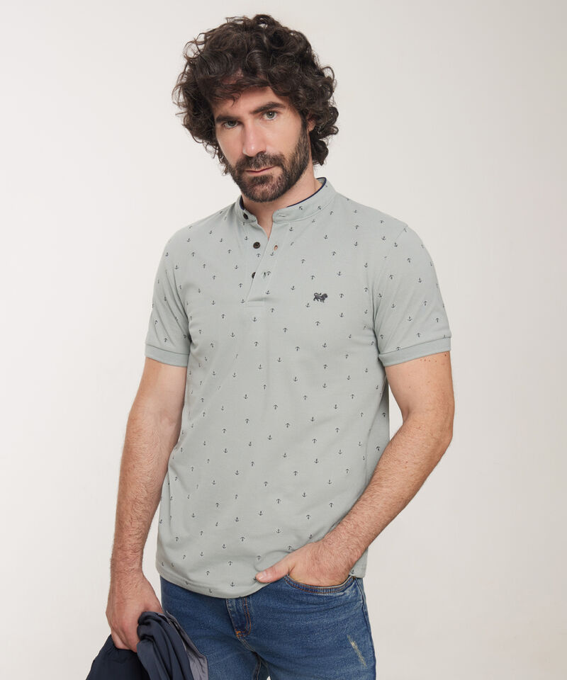 Polo Estampada Cuello Mao Con Puños Tejidos, Silueta Slim Fit, Cítrico Marinero