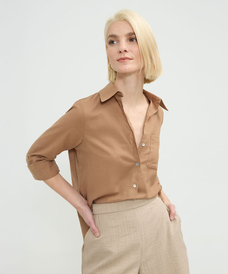 Camisa Manga Larga Con Bolsillo Unicolor En Lino