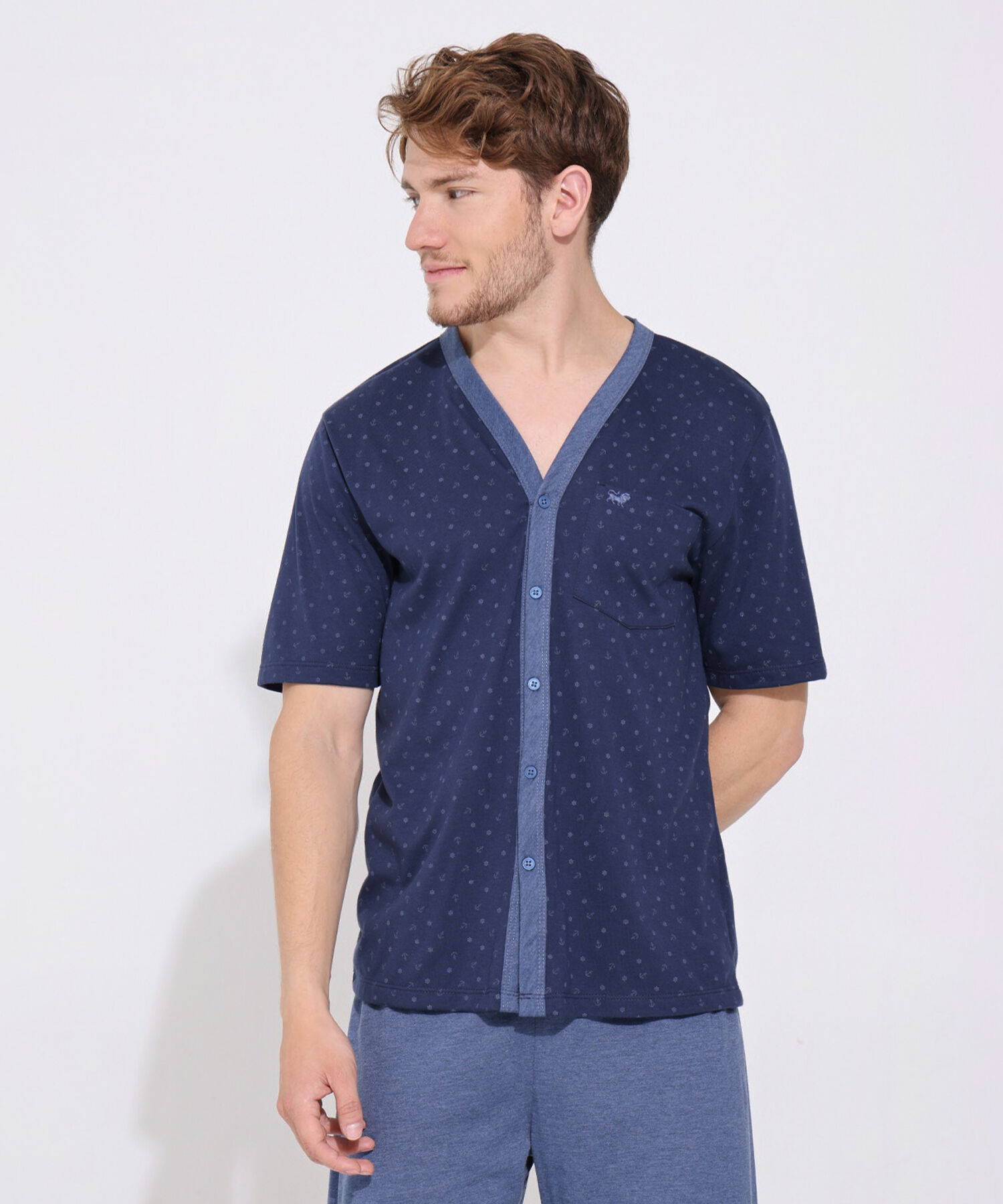 Pijama Camiseta Abierta Manga Corta Con Pechera Contraste Estampada Y Pantalón Unicolor