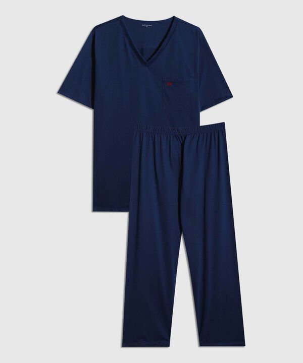 Pijama Manga Corta Camiseta Cuello V Con Vena A Tono Ypantalon Unicolor