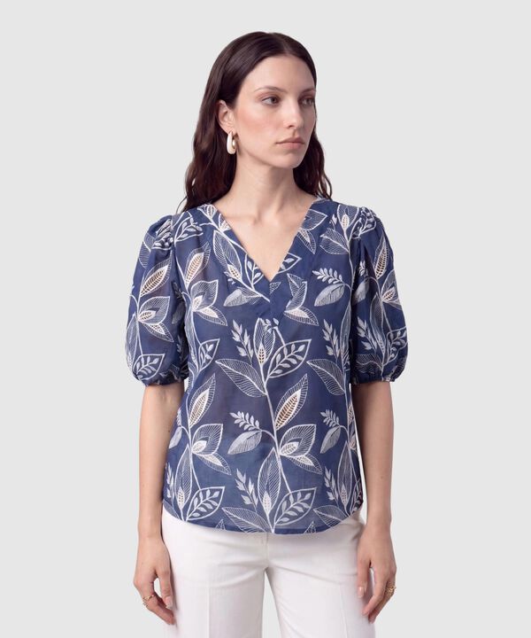 Blusa Cuello en V Manga Globo Mujer