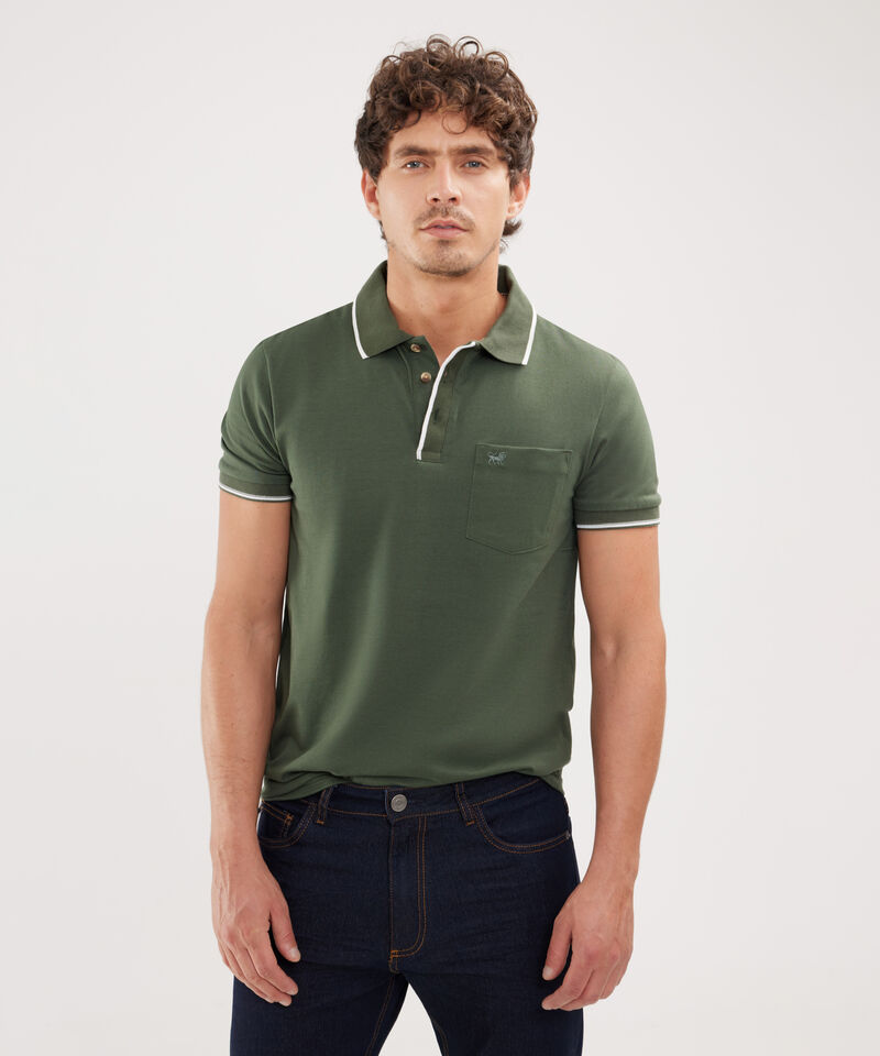 Polo Unicolor, Cuello, Pu&ntilde;os Y Pechera Tejida Con Bolsillo, Silueta Slim Fit