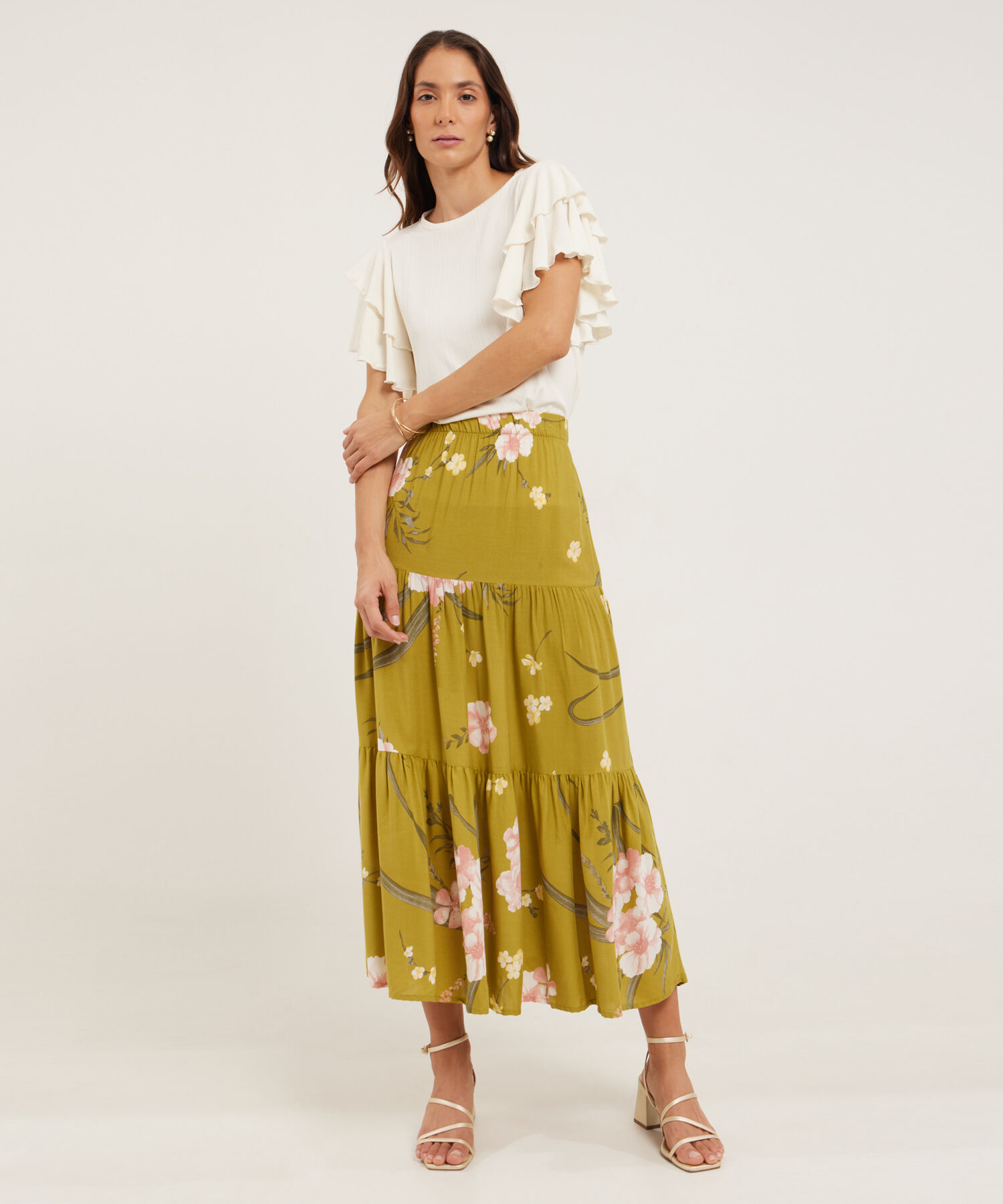 Camiseta Unicolor Textura Manga Corta Con Boleros, Trópico Floral