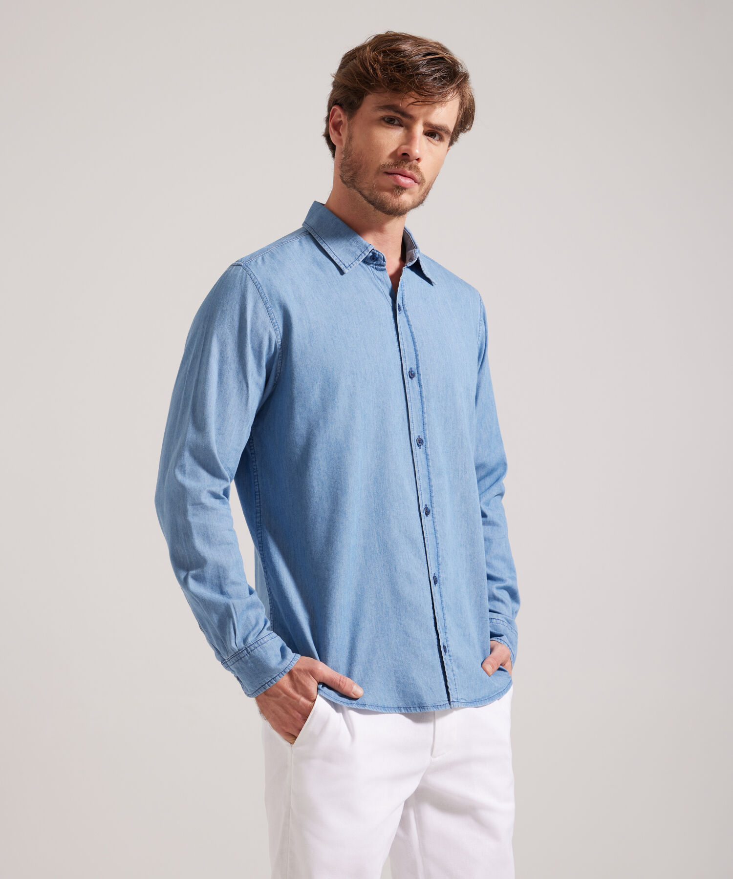 Camisa Regular Fit Tono Azul Medio Claro Compra Online Patprimo