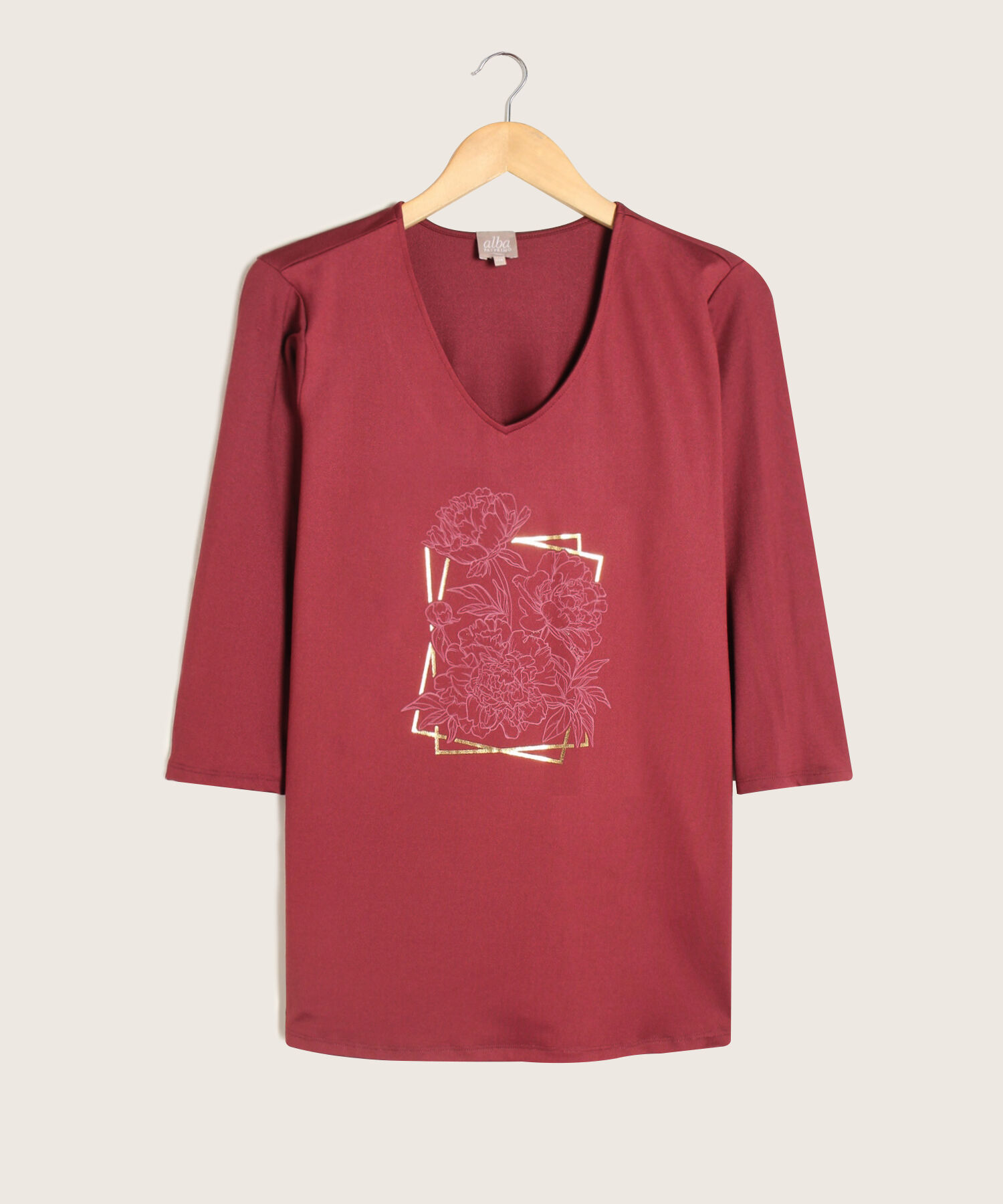 Camiseta Cuello En V Con Screen Manga 3/4 Unicolor