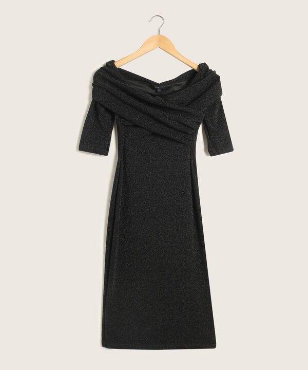 Vestido Unicolor Con Escote Bardot Cruzado Mujer