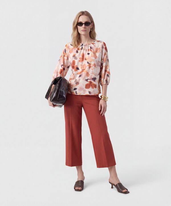 Blusa De Cuello Fruncido Y Manga &frac34; Para Mujer