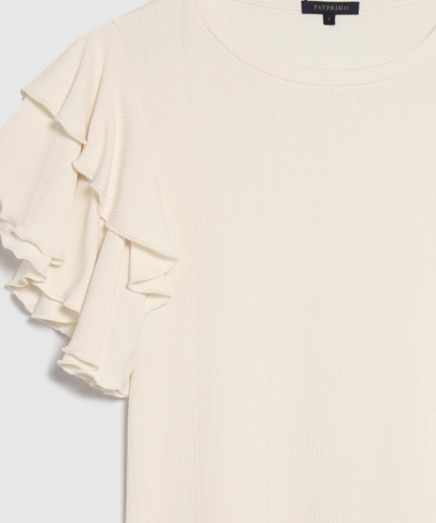 Camiseta Mujer Mangas Volantes Acanalada Elegante, Crema, personalized